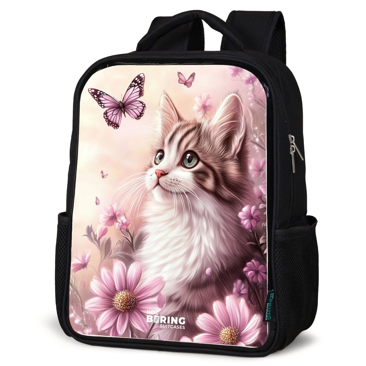 NoBoringSuitcases.com® - Rugzak zwart meisjes - Schooltas meisje - NoBoringSuitcases.com® - Rugzak zwart - Schooltas jongen & meisje - Kat - Paars - Vlinders - Bloemen - Rugtas voor school - Boekentas kind - Schoolrugzak - Kinderrugzak