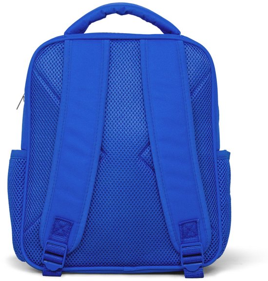Achterkant van een blauwe rugzak met gewatteerde schouderbanden en mesh rugpand.