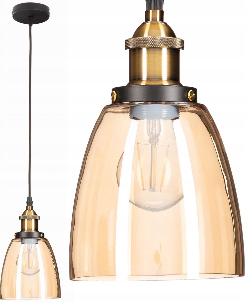 Amber Glazen Hanglamp - Stijlvol Gouden Armatuur