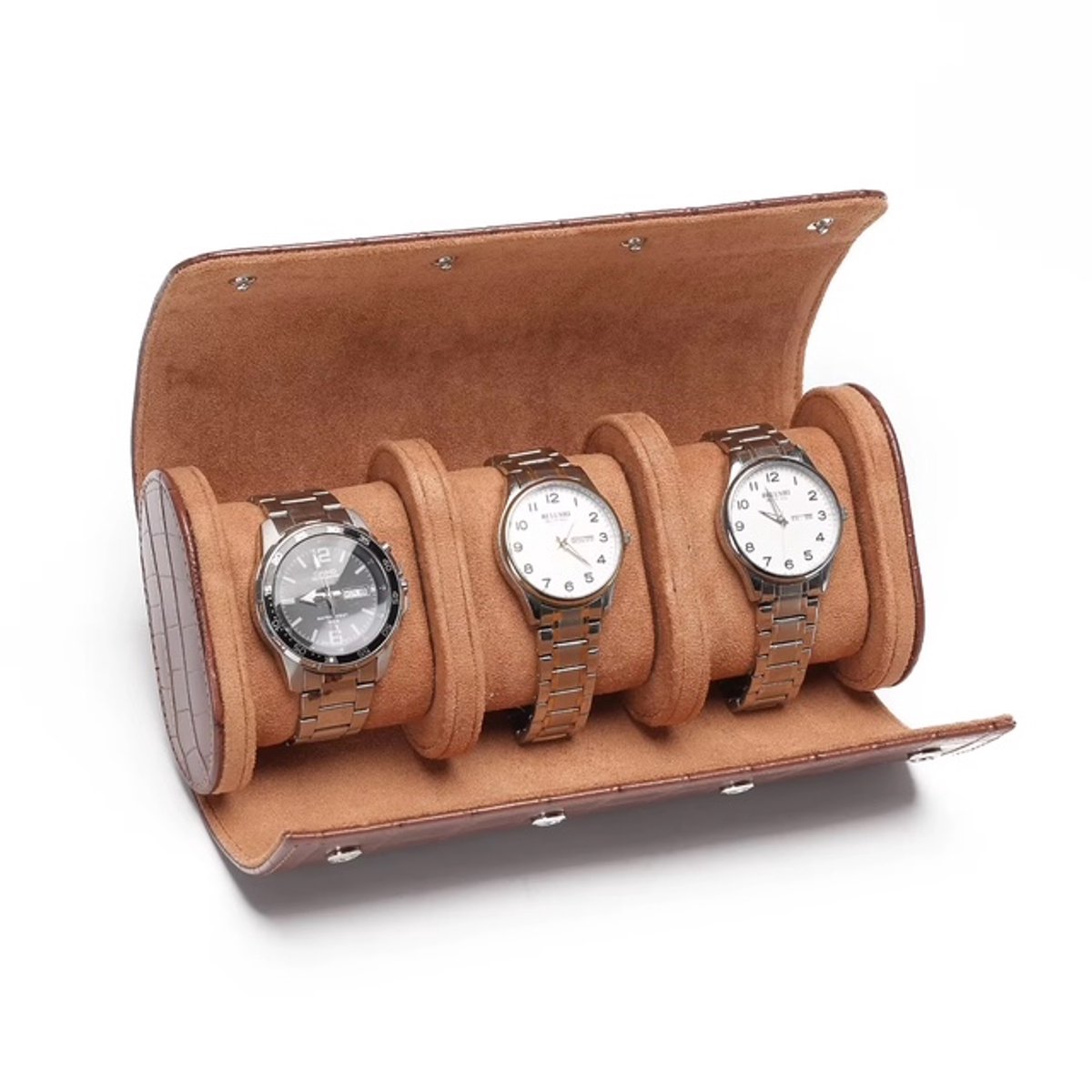 Luxe Horloge Rol 3 Stuks | Krokodillen Patroon | Horlogedoos | Horloge Etui Leer | Watch Roll | Horloge Houder Sieradendoos | Horloge Opbergdoos Heren | Bruin
