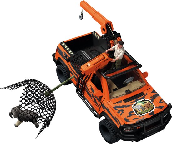 Oranje speelgoed pick-up truck met tijgerstrepen, kraan, olifant in net en manfiguur.