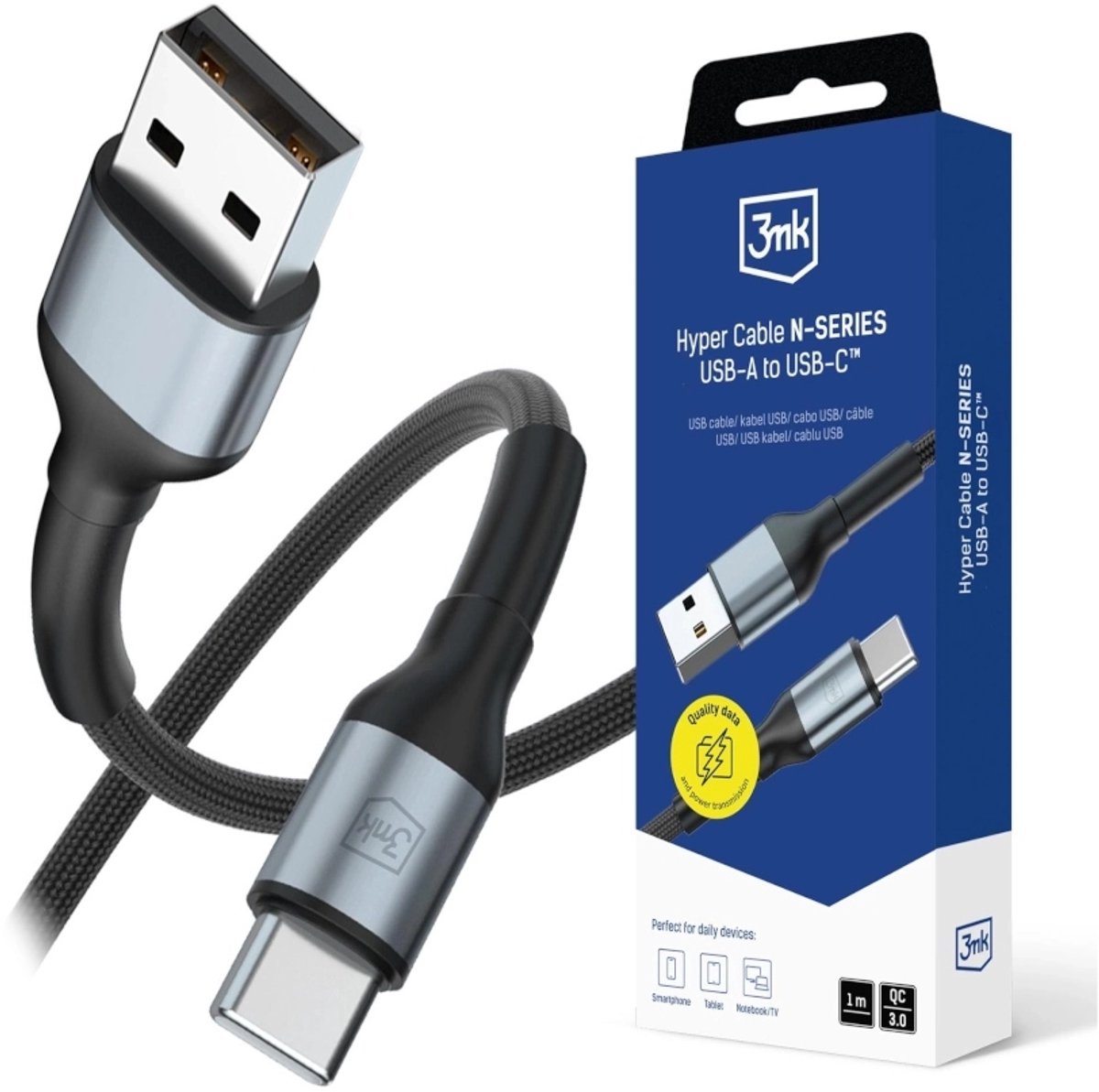 Image of 3mk Hyper N-SERIES USB-A naar USB-C Kabel, 18W PD, 1m, Zwart