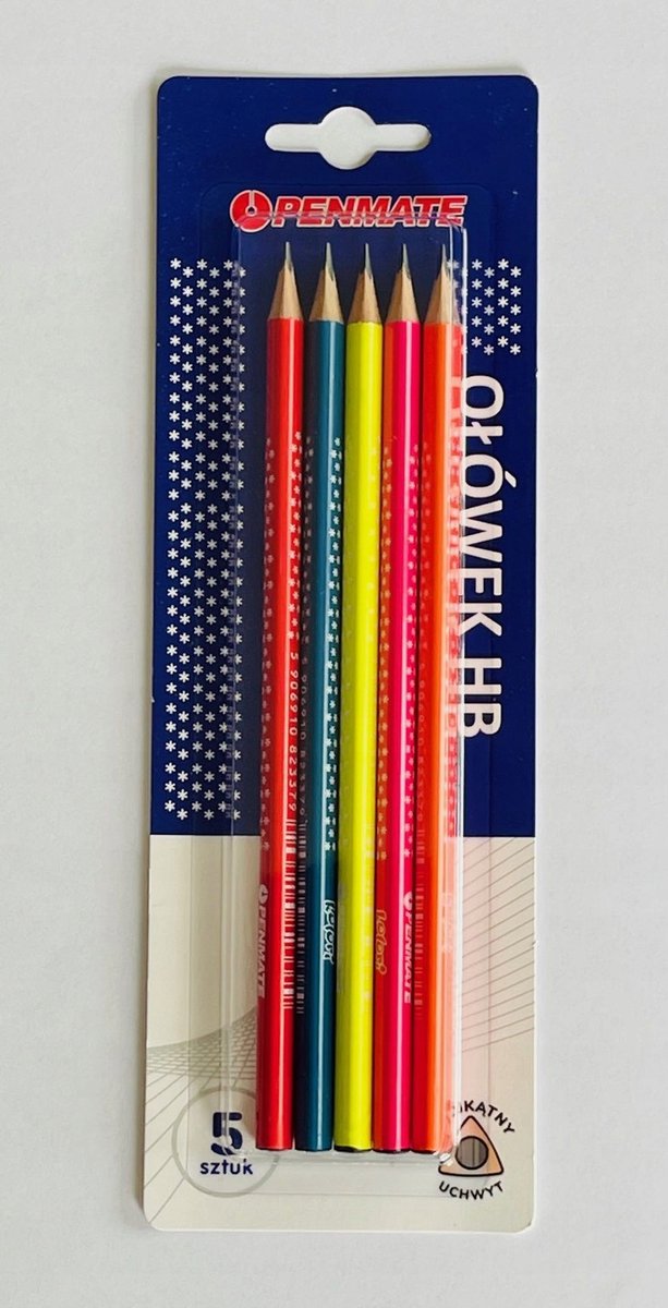 Penmate Driehoekige Potloden HB, 5 Stuks Blister, Mix Kleuren