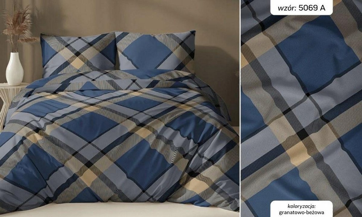 Satijnen kussensloop 40x40 cm, ruitpatroon, met rits, navy/beige