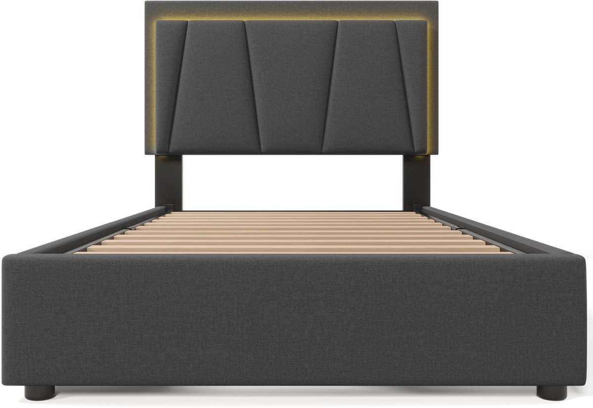 Merax Gestoffeerd Bed 90x200 cm met LED-Verlichting - 2 Opberglades en Verstelbaar Hoofdbord - Inclusief Matras - Grijs