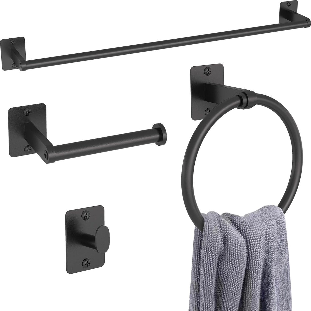Unyqoos® Vierdelig badkameraccessoireset met handdoek- en toiletrolhouder in zwart metaal