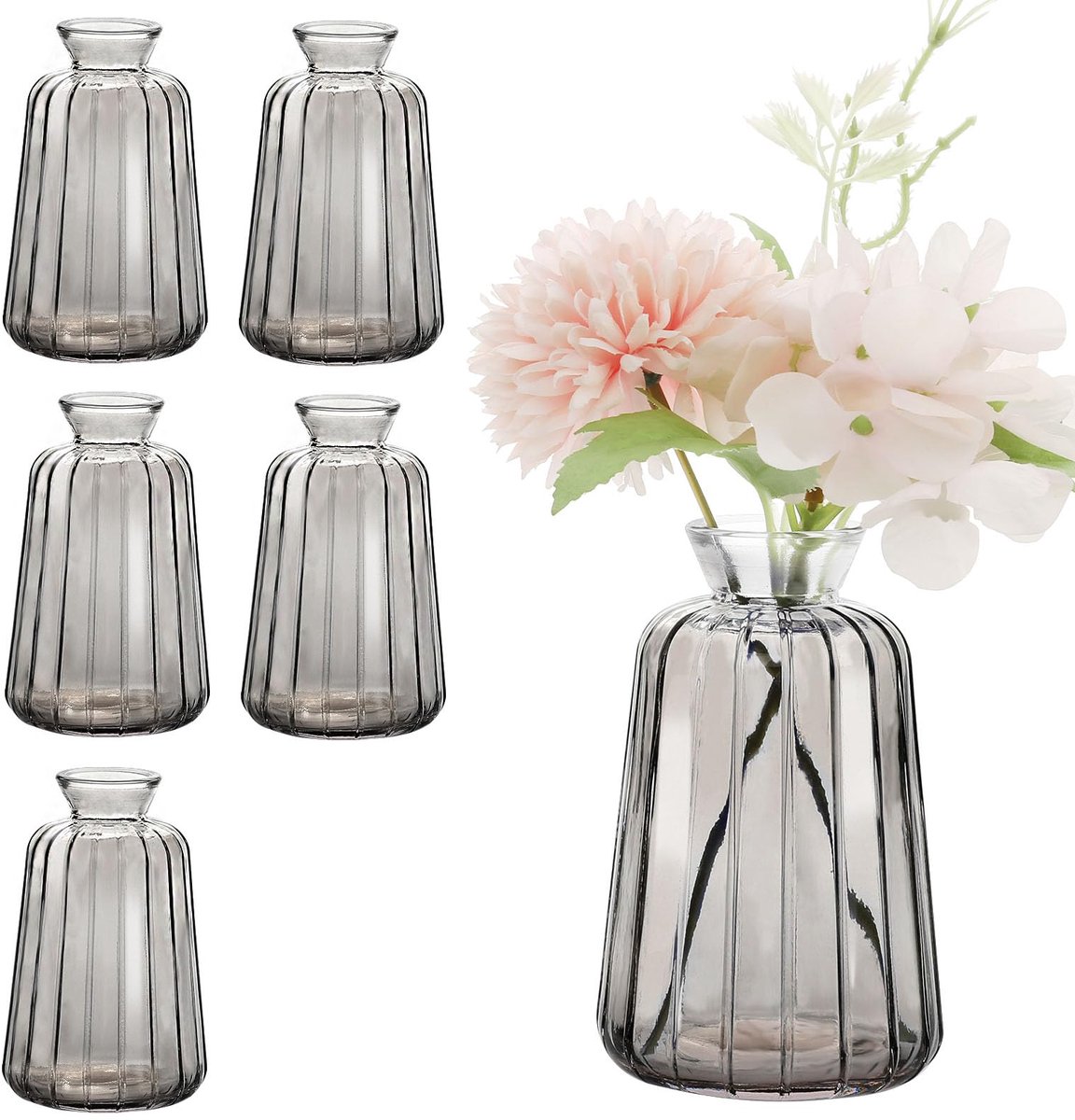 Unyqoos Set van 6 decoratieve mini glazen vazen voor elegante tafeldecoratie Zwart