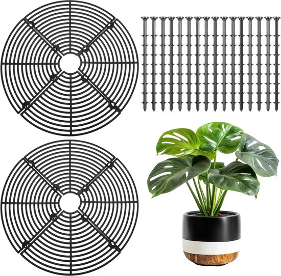 2 stuks - plantenpothoes - 30 cm - Bloempotrooster - plantenbak afdekset - plantenpotrooster bodembeschermers - met 16 palen -plantenhoezen - voor binnen- en buitentuinieren - plantenbeschermers - houdt katten en eekhoorns uit de bloempot - zwart