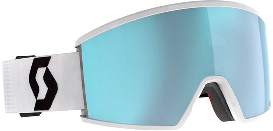 Witte skibril met blauw gespiegelde lens en witte band met zwart Scott-logo.