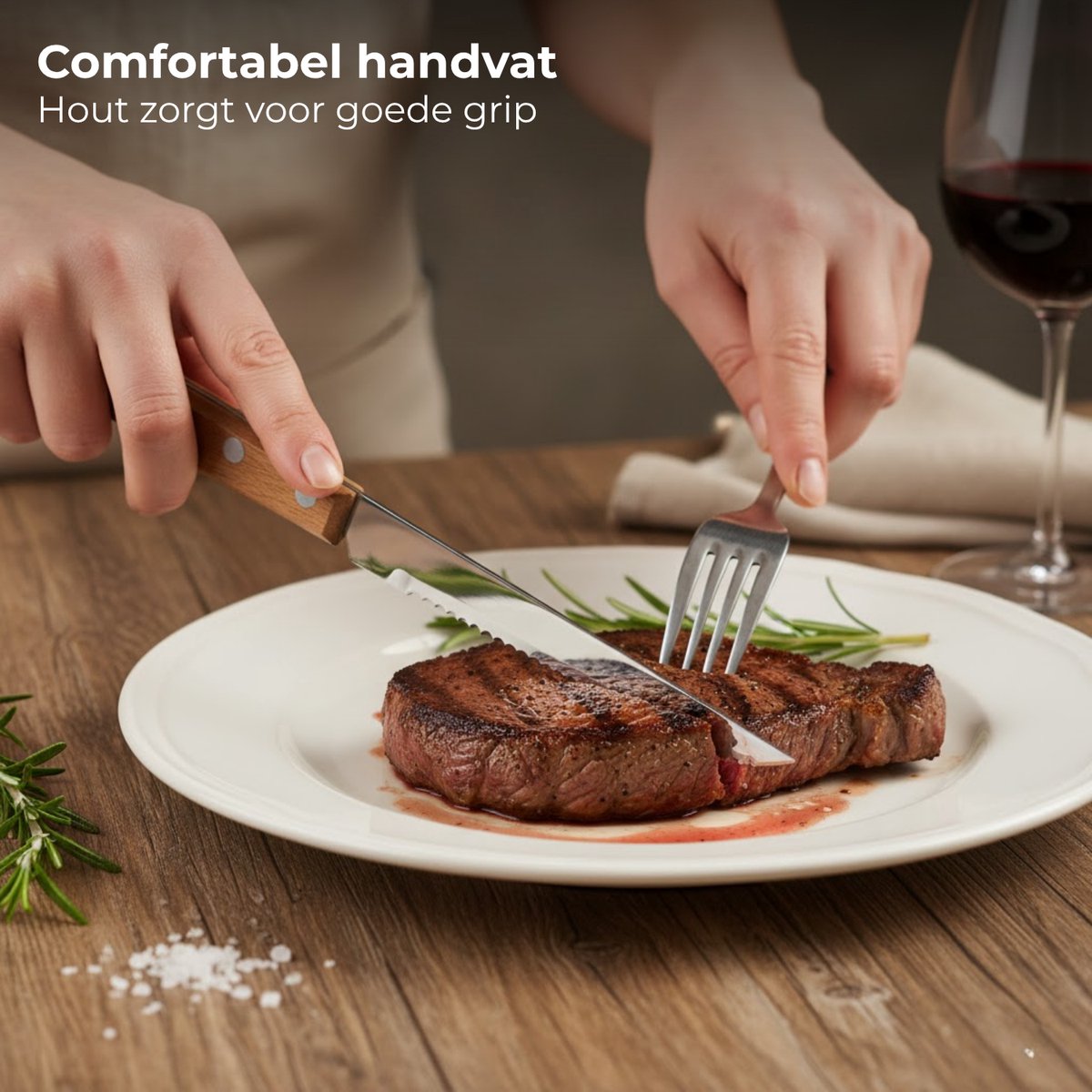 Lomera Steakmessenset 6 Delig - Roestvrij Staal - Houten Handvat - 21 Cm Lengte - Perfect Voor Barbecue - Vleesmessen Set - Keukenmessen - Steak Messen - Rvs Steakmessen - Barbecue Messen - Steak Knife Set - Kartelmes