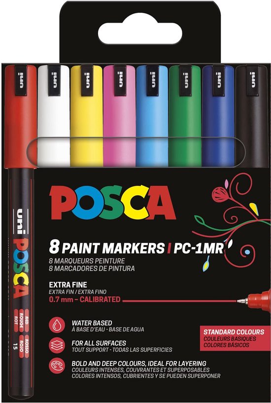 POSCA Paintmarker PC-1MR – 0,7 mm – Uni Mitsubishi Pencil – etui van 8 stuks in geassorteerde basiskleuren