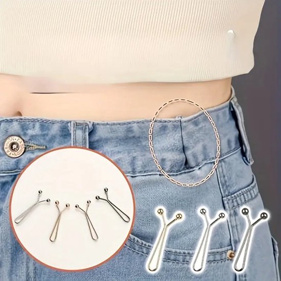 Broek met verstelbare tailleclips op de tailleband, met details van de clips.