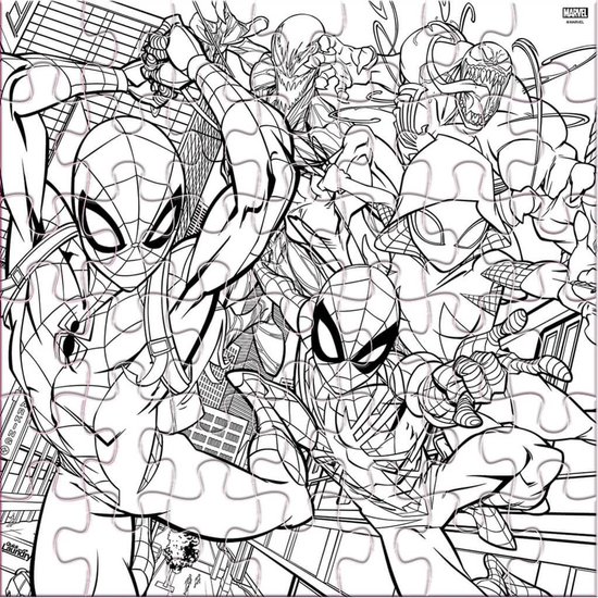 Puzzle à colorier de Spider-Man et ses ennemis, avec des détails de la ville.