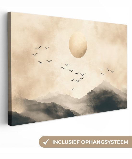 Canvas schilderij 120x80 cm - Exclusieve wanddecoratie Landschap - Japandi - vogel - Muurdecoratie woonkamer - Slaapkamer decoratie - Kamer accessoires - Schilderijen op canvas