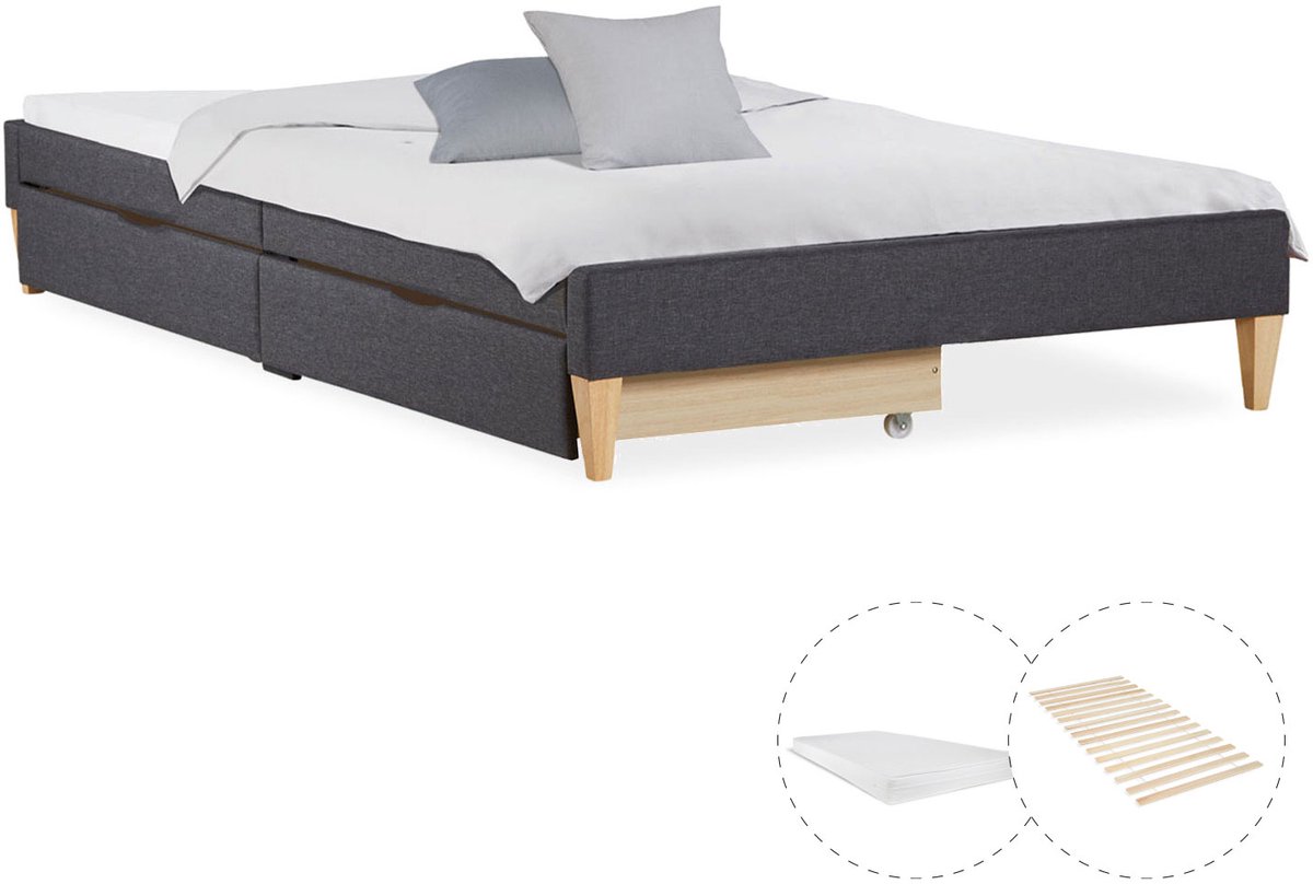 Homestyle4u Eenpersoonsbed - 90x200 cm - Gestoffeerd bed - met matras - 2 bedbakken - Grijs