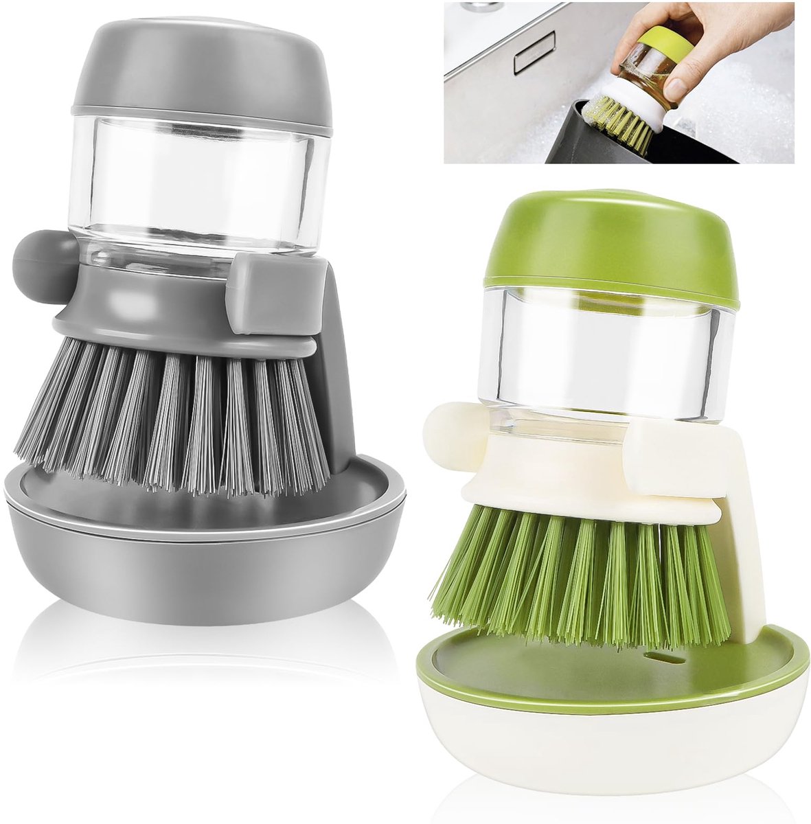 Unyqoos® Set van 2 ergonomische afwasborstels met zeepdispenser en houder