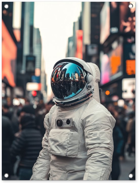 Tuinposter 60x80 cm - Tuindecoratie Stad - Mensen - Astronaut - Wit - Poster voor in de tuin - Buiten decoratie - Schutting tuinschilderij - Tuindoek muurdecoratie - Wanddecoratie balkondoek