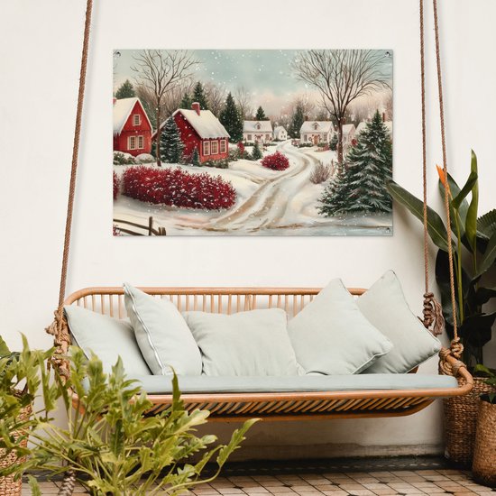 Tuinposter 120x80 cm - Tuindecoratie Kerstsfeer - Landelijk - Rood - Poster voor in de tuin - Buiten decoratie - Schutting tuinschilderij - Tuindoek muurdecoratie - Wanddecoratie balkondoek
