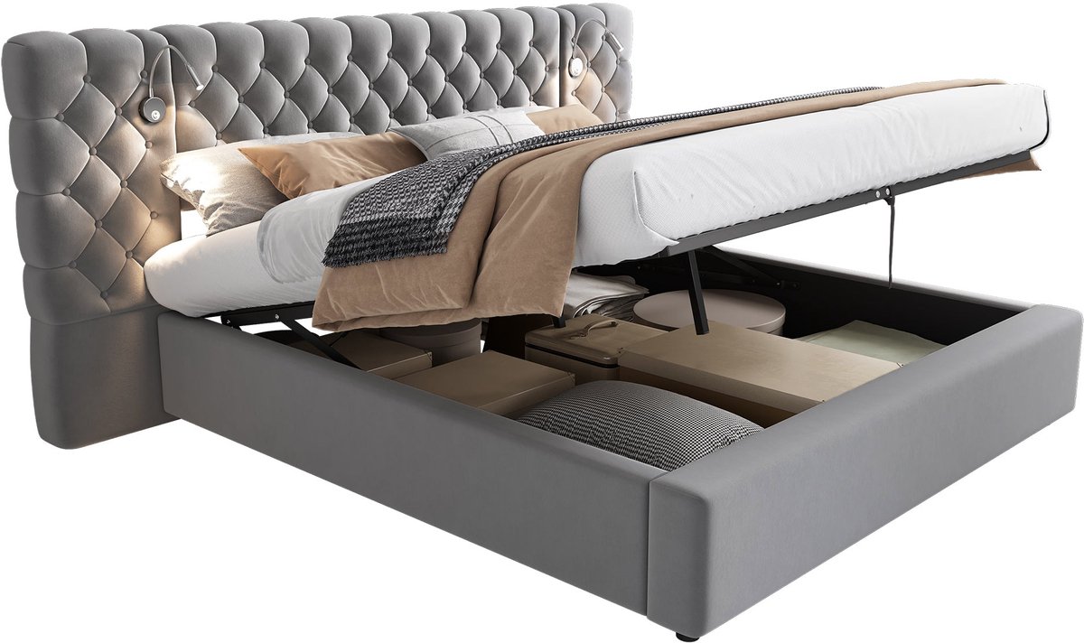 Merax Gestoffeerd Bed - 160x200cm - Bed met Opbergruimte - LED Verlichting - Luxe Fluwelen