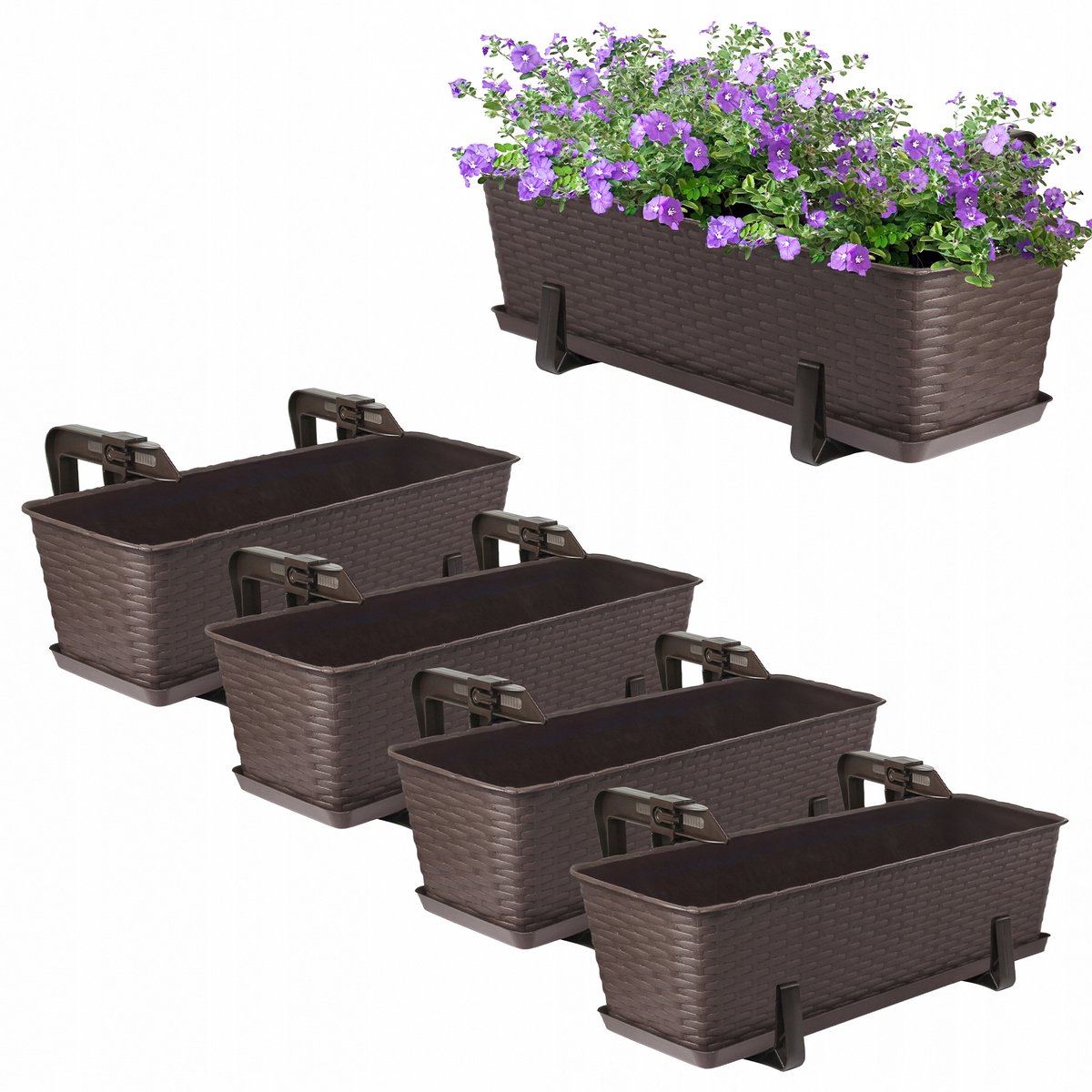 4x Balkonbak 60cm Bruin met Ophangbeugels - Complete Set