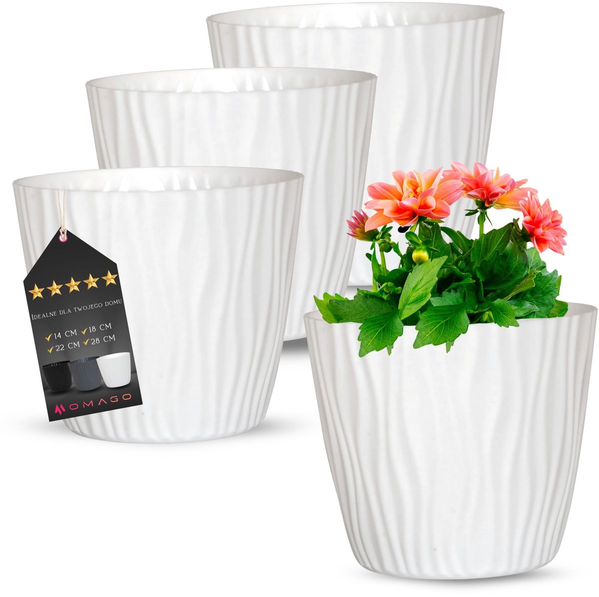 Set van 3 Moderne Geribbelde Plantenbakken Wit 28cm met Inzet