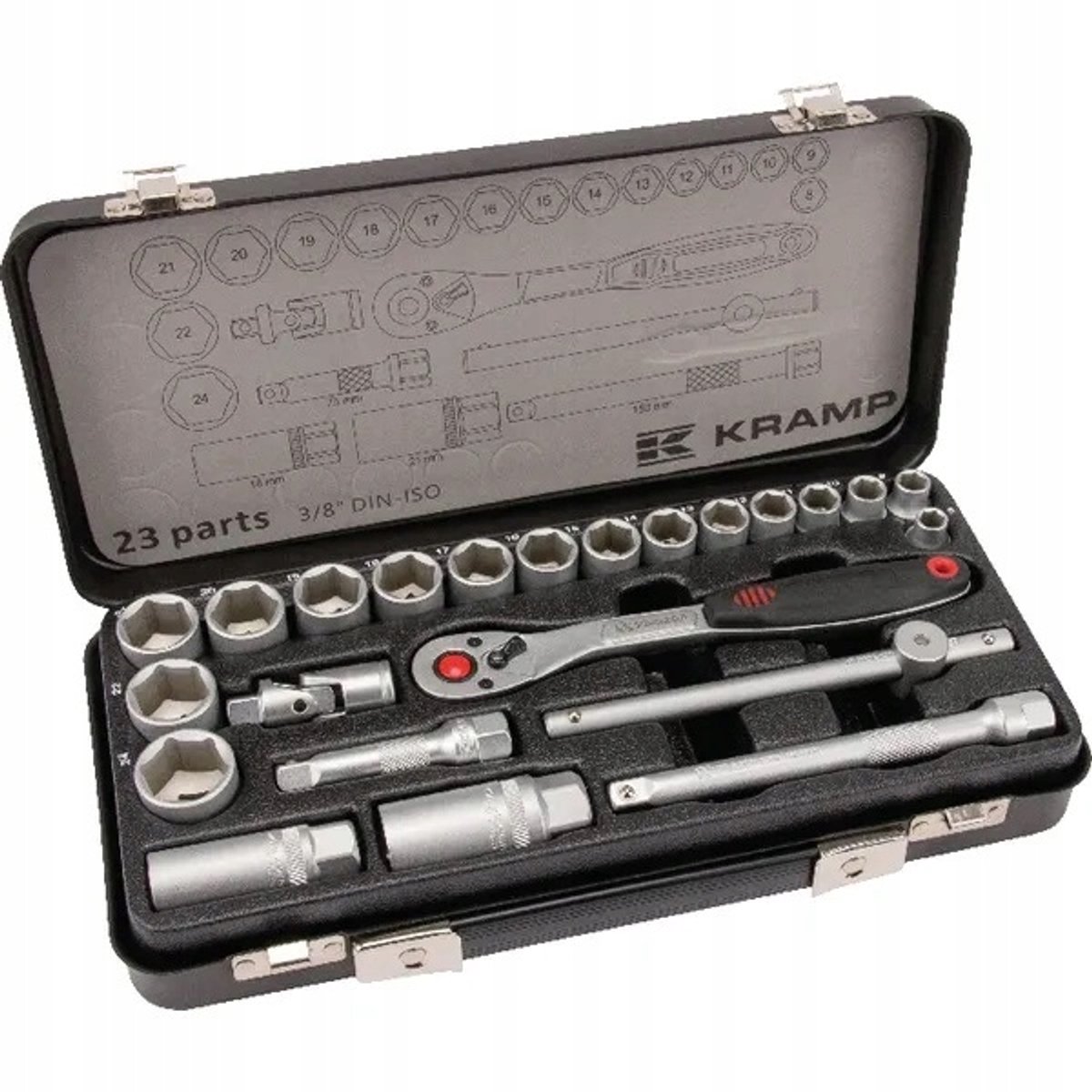Kramp 3/8" doppenset, 23-delig, met ratel en doppen