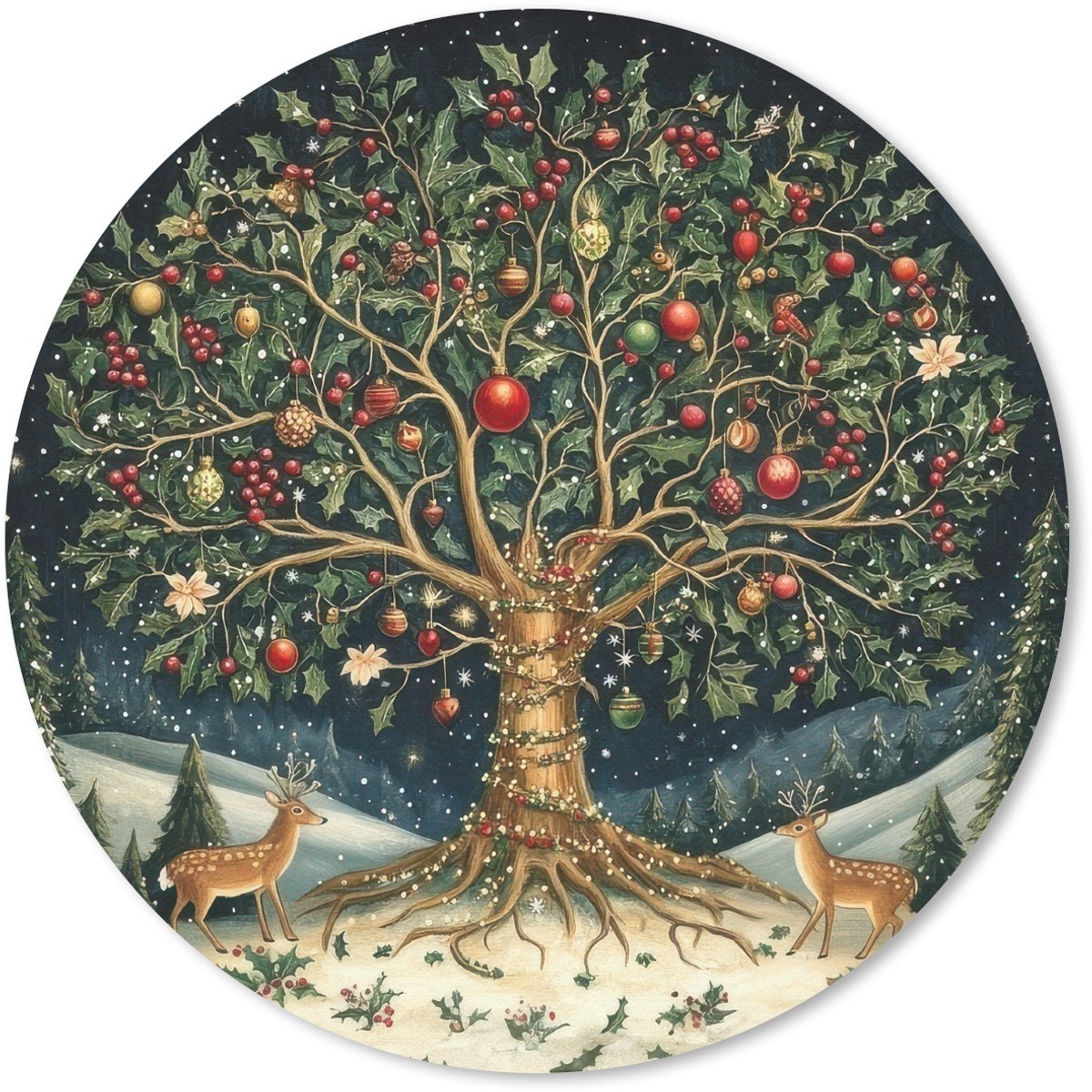 Muismat rond 20x20 cm - Mousepad Feestboom - Winterhemel - Kleurrijk - Ronde muismatten