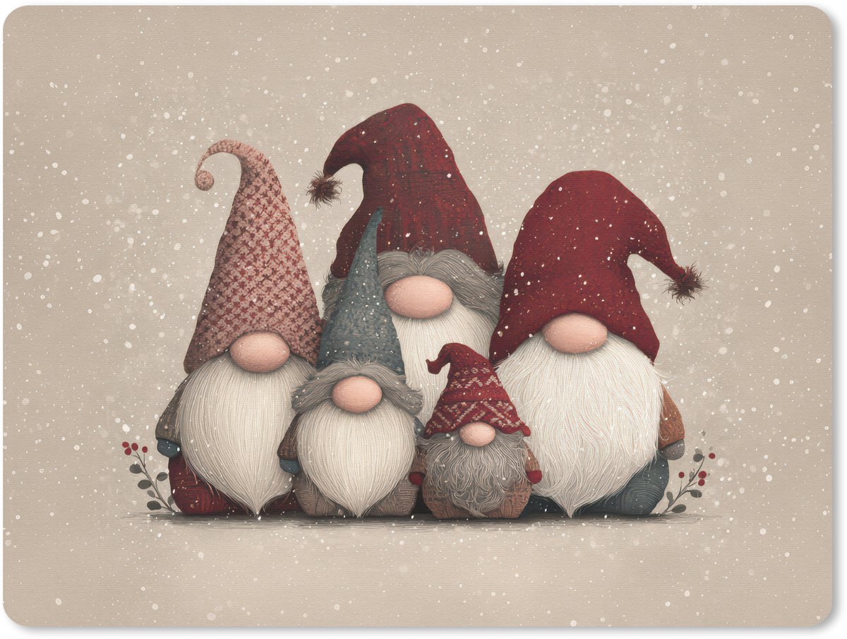 Muismat 23x19 cm - Mousepad Kabouters - Kerst - Sneeuw - Puntmutsen - Muismatten