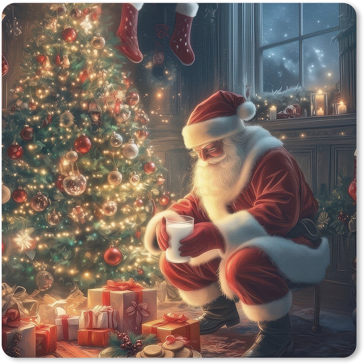 Muismat 20x20 cm - Mousepad Kerstman - Haard - Donker - Muismatten