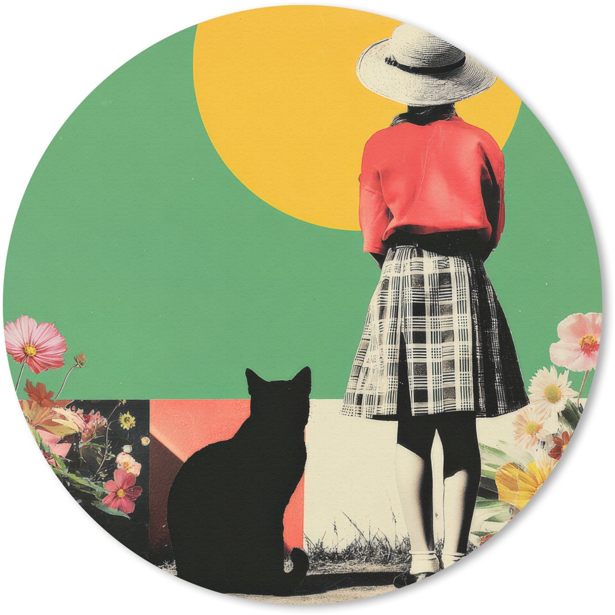 Muismat rond 20x20 cm - Mousepad Retro - Meisje - Kat - Zon - Ronde muismatten
