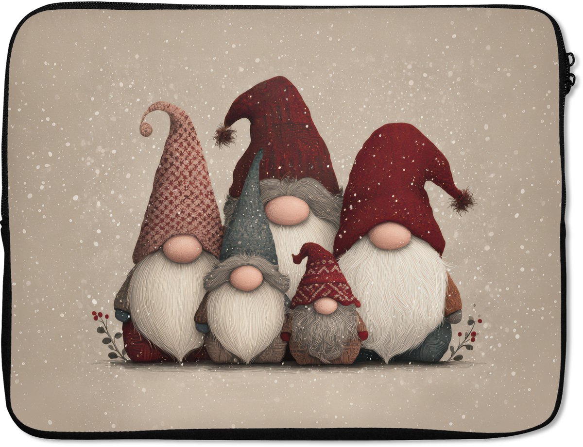Laptophoes 17 inch - Kabouters - Kerst - Sneeuw - Puntmutsen - Laptop sleeve - Binnenmaat 41x28 cm - Zwarte achterkant