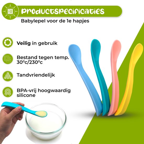 Een hand houdt een blauwe lepel met babyvoeding. Drie babylepels in blauw, roze en geel. BPA-vrij, tandvriendelijk, hittebestendig.