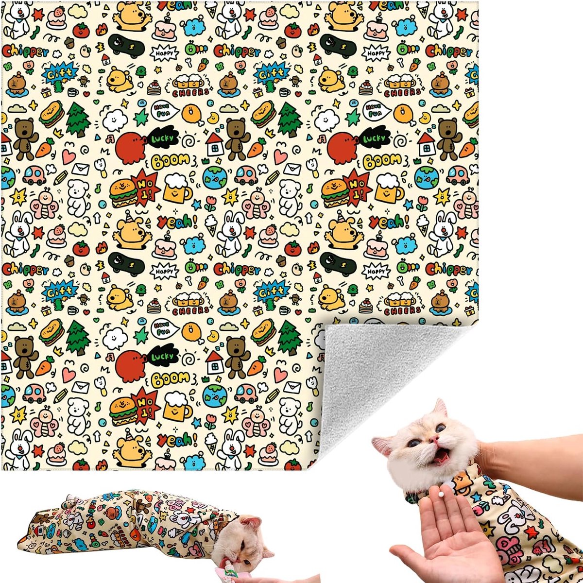 Daity Kattenverzorgingswikkel - zelfklevende zachte kattendeken - kan worden gebruikt voor het inwikkelen - nagelknippen - bijtpreventie - kraspreventie - ontsnappingspreventie en het kalmeren van katten (schattige print - 6-10 lbs).