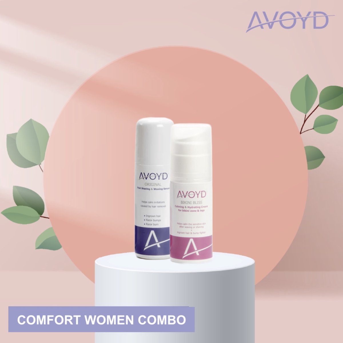 Avoyd Comfortpakket vrouw - Set van 2 producten - Avoyd Original 90ml + Avoyd Bikini Bliss 50ml - voor een gezonde gladde huid zonder ingegroeide haartjes, scheerirritatie & rode scheerbultjes