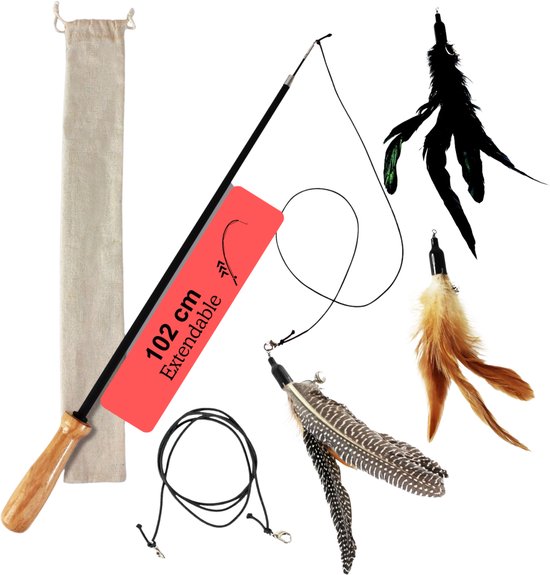 Jooier® Premium Kattenhengel met Veren – Houten Handvat, 3 Verwisselbare Veren & Extra Elastisch Snoer – Uitschuifbare Kattenhengel (102 cm)