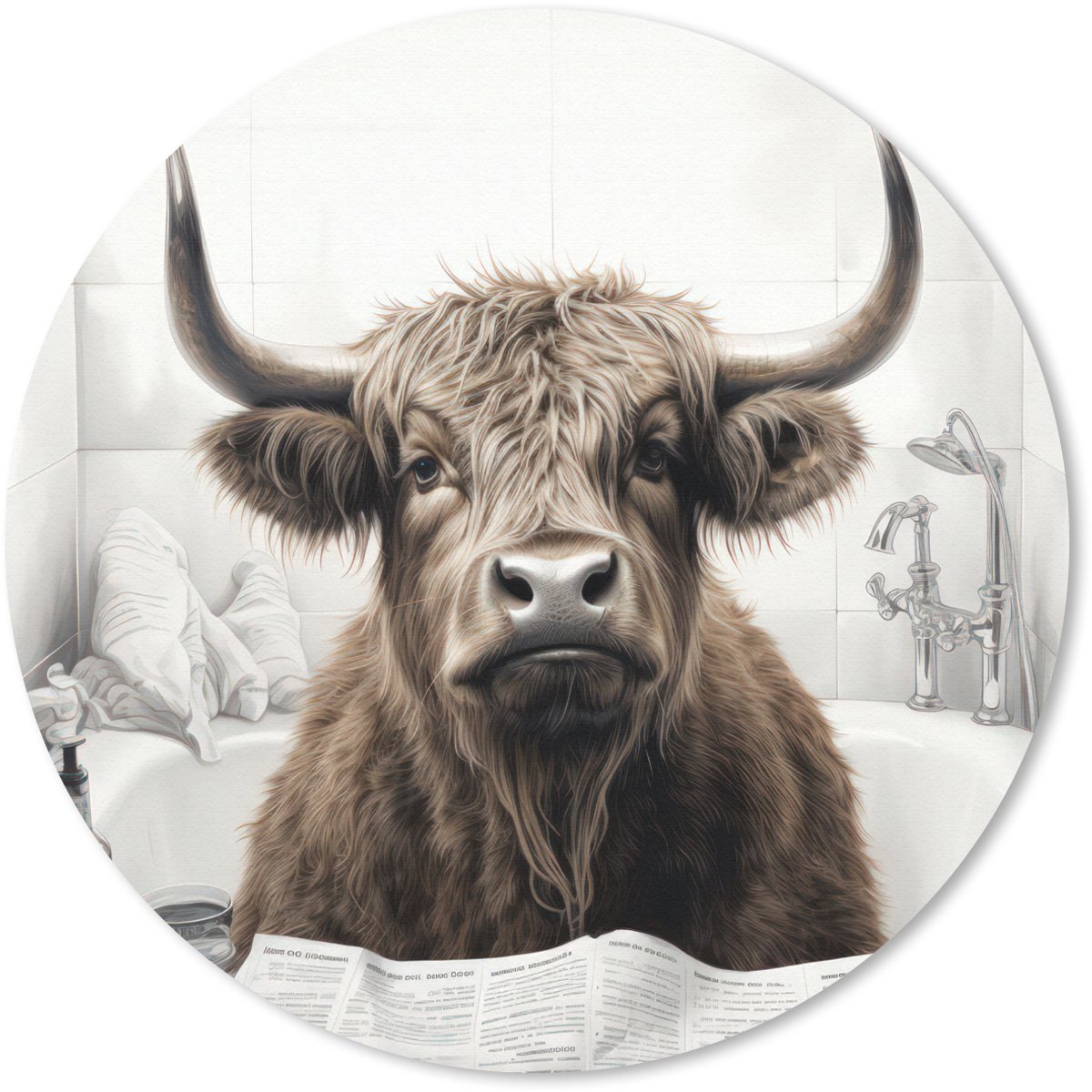 Muismat rond 30x30 cm - Mousepad Schotse hooglander - Badkuip - Badkamer - Krant - Ronde muismatten