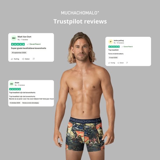 Man met lang blond haar draagt een Muchachomalo boxershort met print. Trustpilot reviews links.