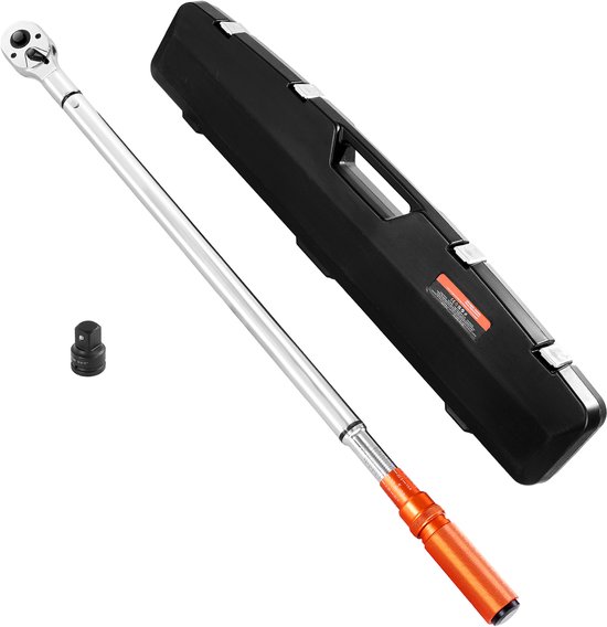 Complete set van een lange, zilverkleurige momentsleutel met oranje handvat, een zwarte opbergkoffer en een adapter.