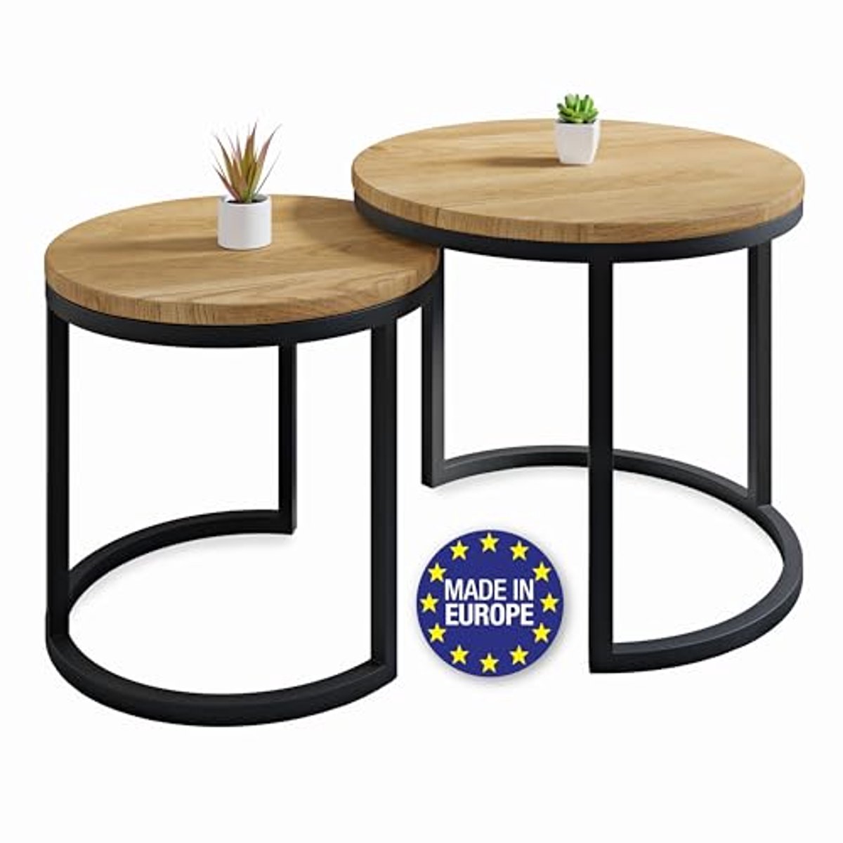 Set van 2 Handgemaakte Salontafels in Massief Eikenhout en Staal – Rond en Compact