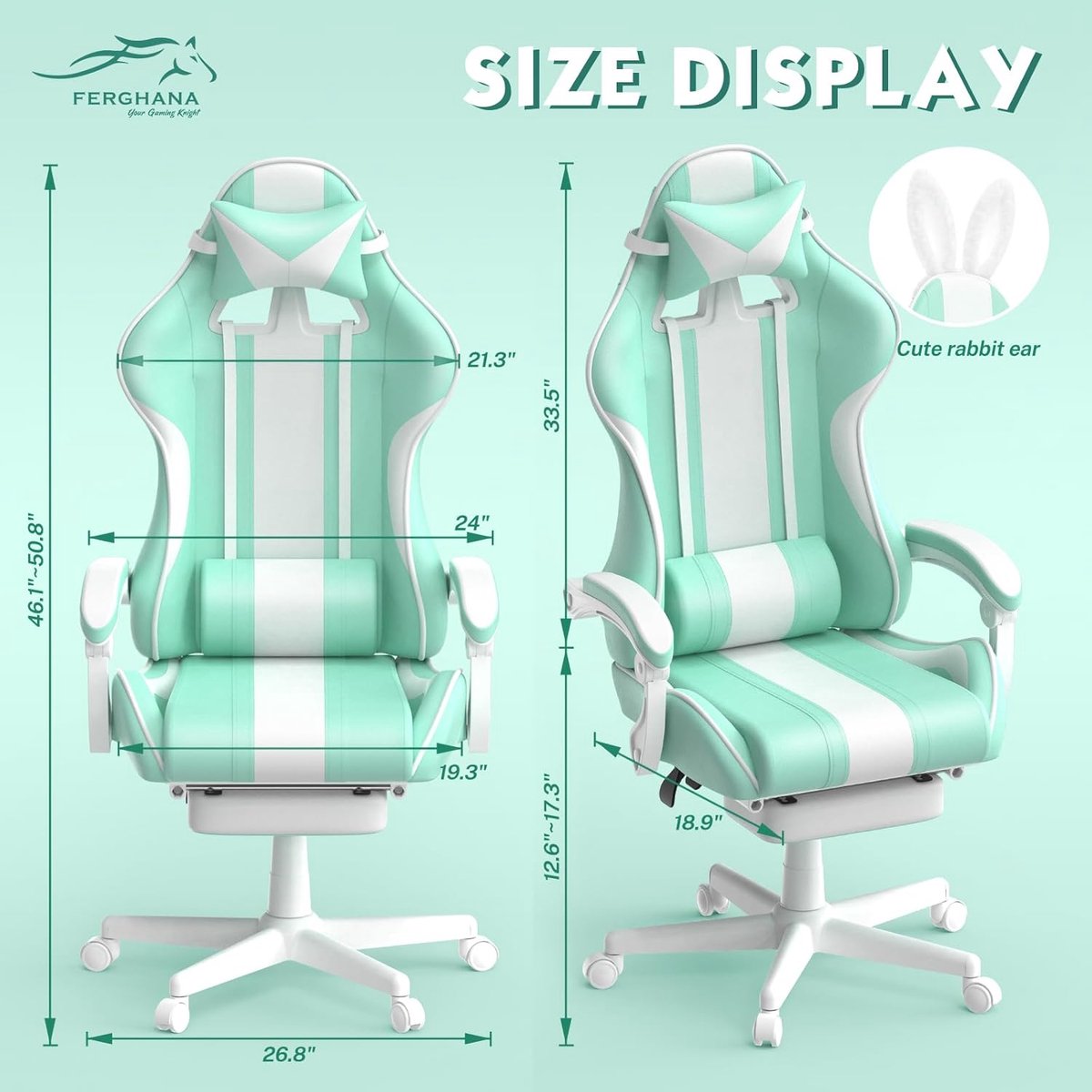Soontrans Ergonomische Gamingstoel Met Voetsteun Mintgroen - afbeelding 3