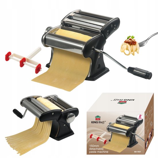 KINGHoff KH-1957 Handmatige Pastamachine - 150mm Breed - Voor Vers Tagliatelle, Spaghetti & Lasagne - Pasta Maker -