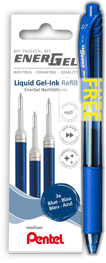 Pentel vulling Energel | 0 | 7 mm | blauw | 3 stuks + roller (GRATIS)