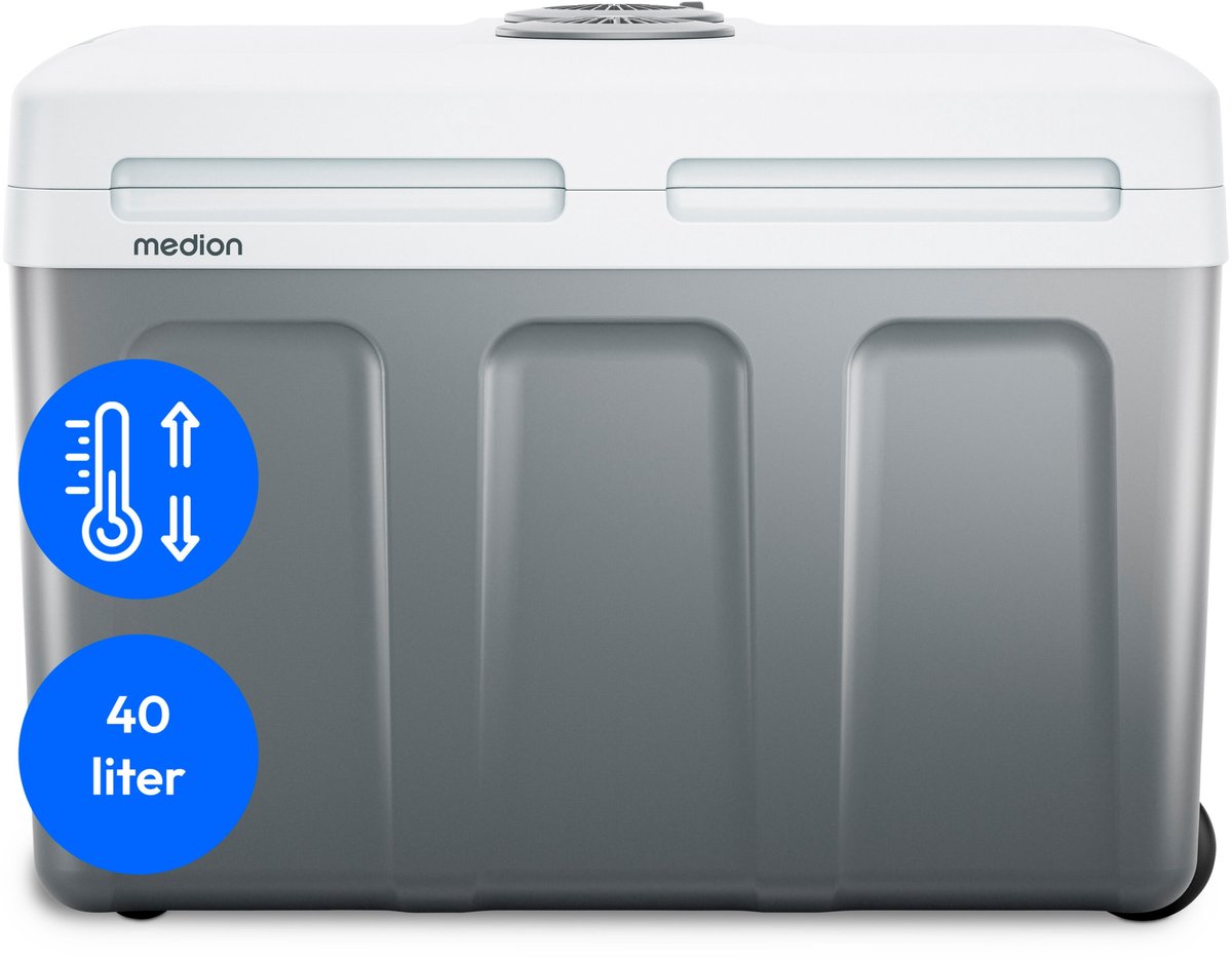 MEDION mobiele koelbox met verwarmingsfunctie (elektrisch, 2in1 koelen en verwarmen, 40 liter, 3in1 aansluiting 5V USB, 230V & 12V autoadapter, voor auto, vrachtwagen, camping, vakantie, tuin, festiva
