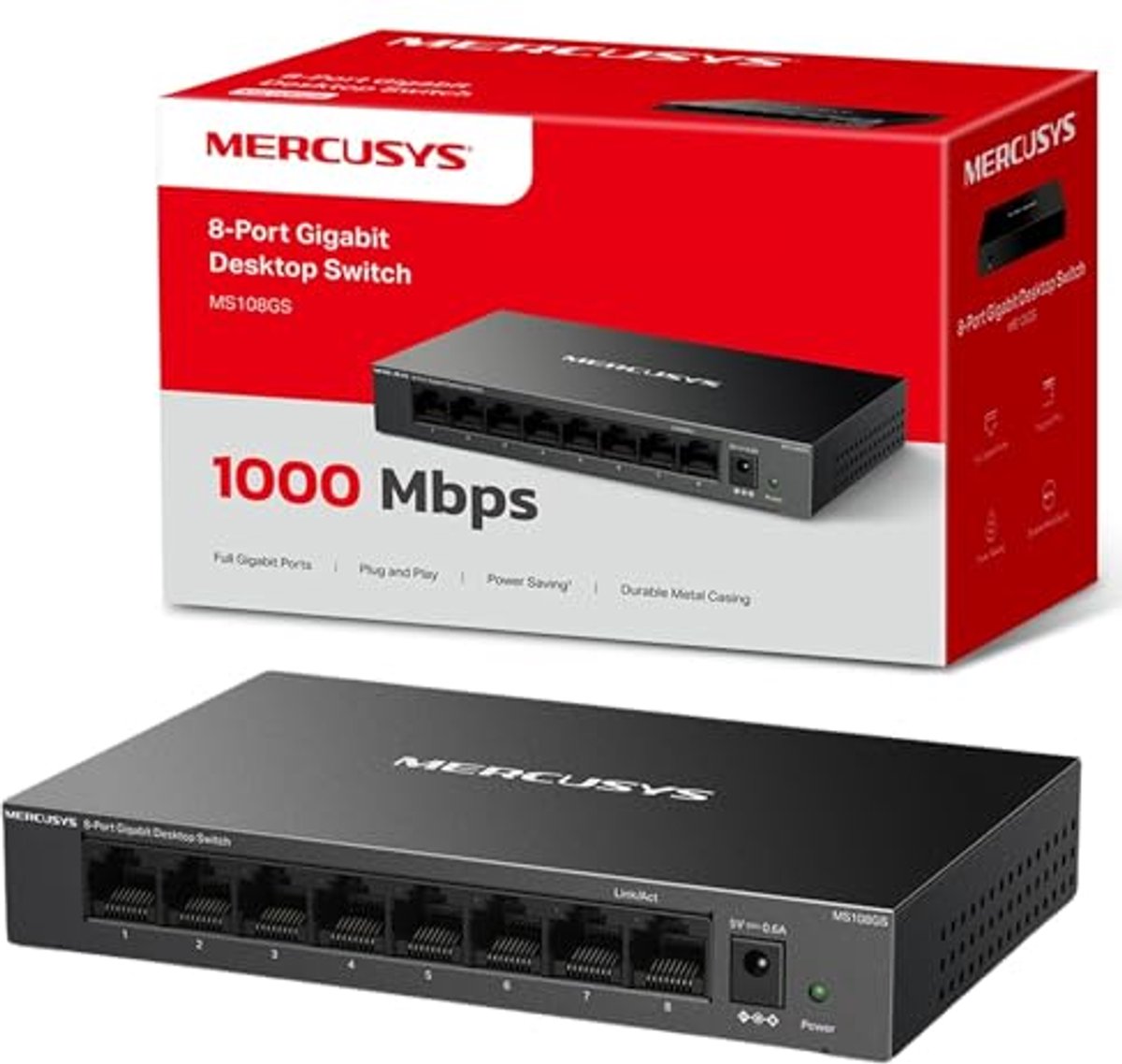 8-poorts Gigabit computerschakelaar - 10/100/1000 Mbps, Plug & Play, Energiebesparing, Metalen Behuizing