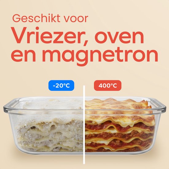 Glazen ovenschotel met lasagne, bevroren en bereid, met tekst "Geschikt voor Vriezer, oven en magnetron".