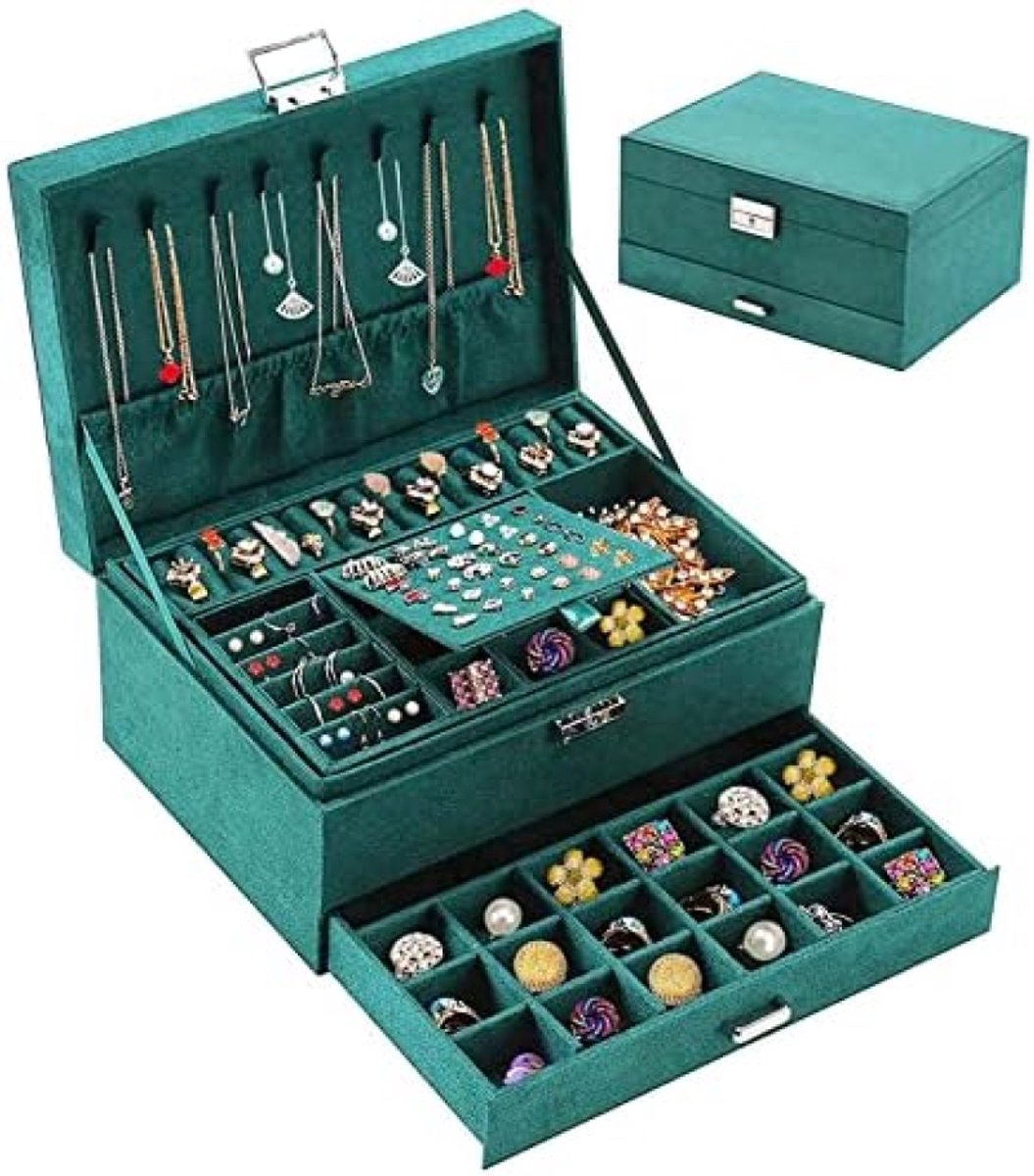 Gravora Sieradendoos met 2 lagen en slot - Donkergroene fluwelen opbergdoos voor sieraden