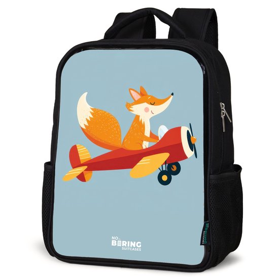NoBoringSuitcases.com® - Rugzak zwart - Schooltas jongen & meisje - Oranje vos in een vliegtuig - Rugtas voor school - Boekentas kind - Schoolrugzak - Kinderrugzak