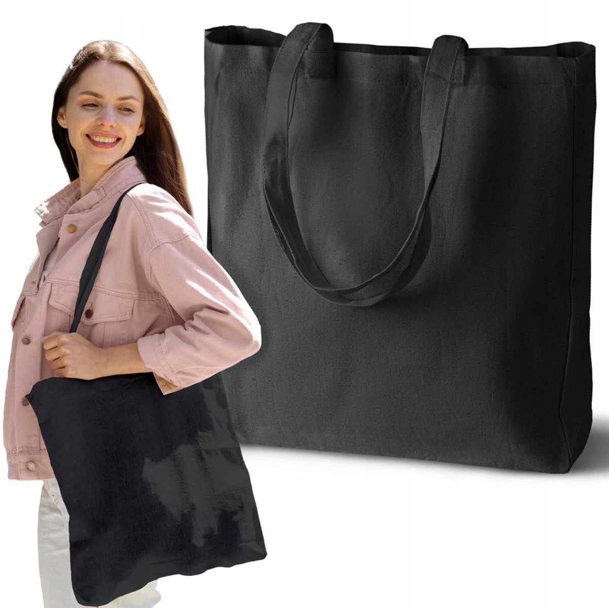 Ruime Zwarte Katoenen Boodschappentas 38x8x42 cm - Duurzaam & Stijlvol