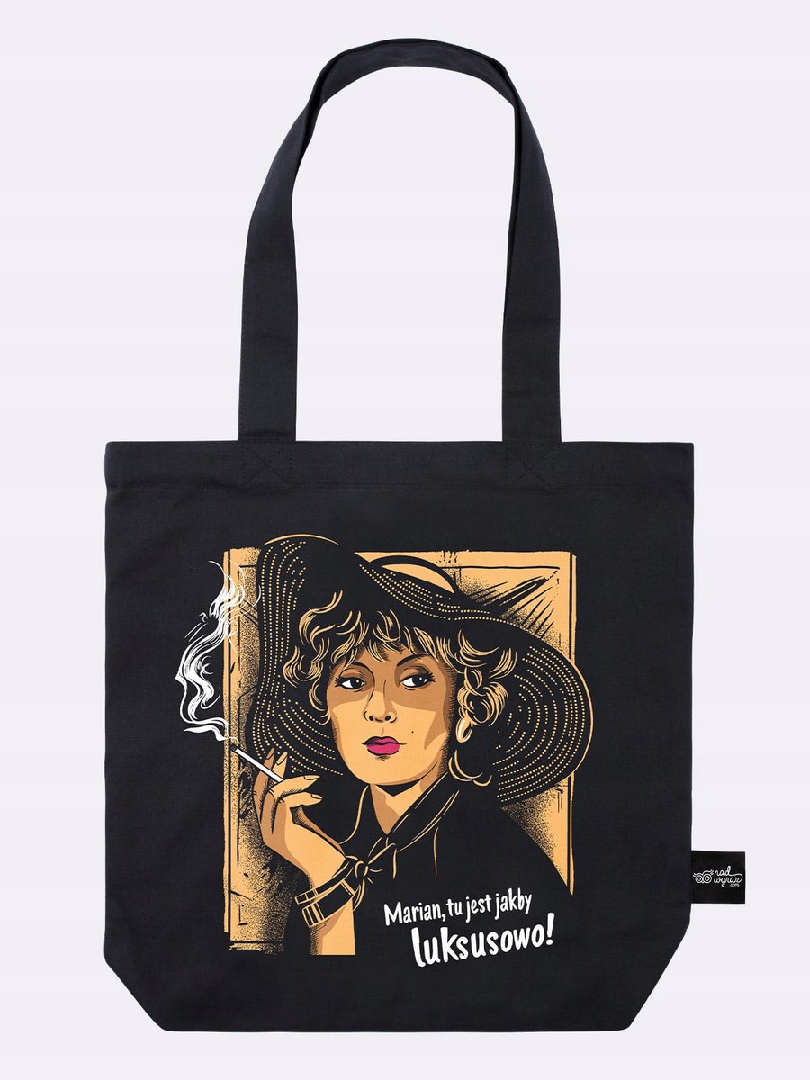 Marian, hier is het luxe: Zwarte Katoenen Tas met Iconische Quote