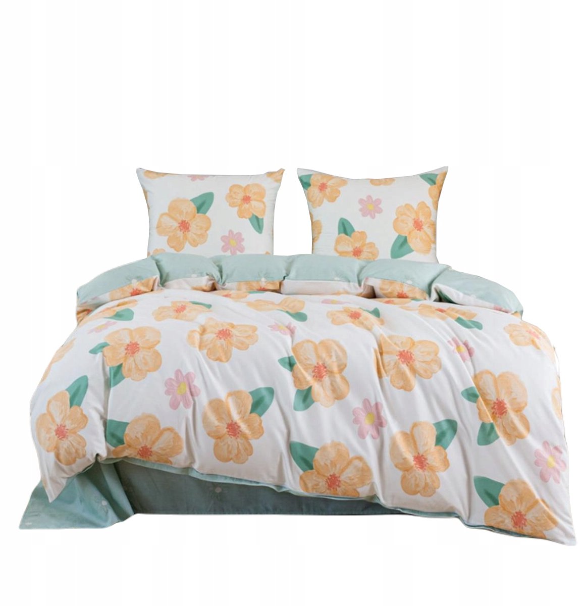 Satijnen Dekbedovertrek Set 160x200 Wit Met Bloemen (Abrikoos & Mint)
